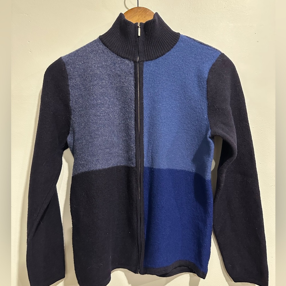 TALBOTS Vintage 100% Wool Blue Colorblock Patchwork Zip Up Sweater‎ Size M
